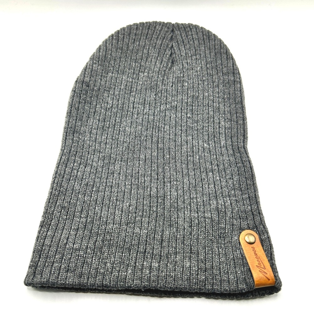 Maewee Beanie OS Gray Slouchy Ribbed Knit Leather Tab Logo Warm Winter Skull Cap